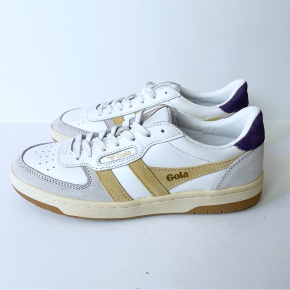 Gola Hawk Suede Upper Classic White Tan Purple Detail Sneakers Size 6.5 CLB336 - Picture 1 of 6